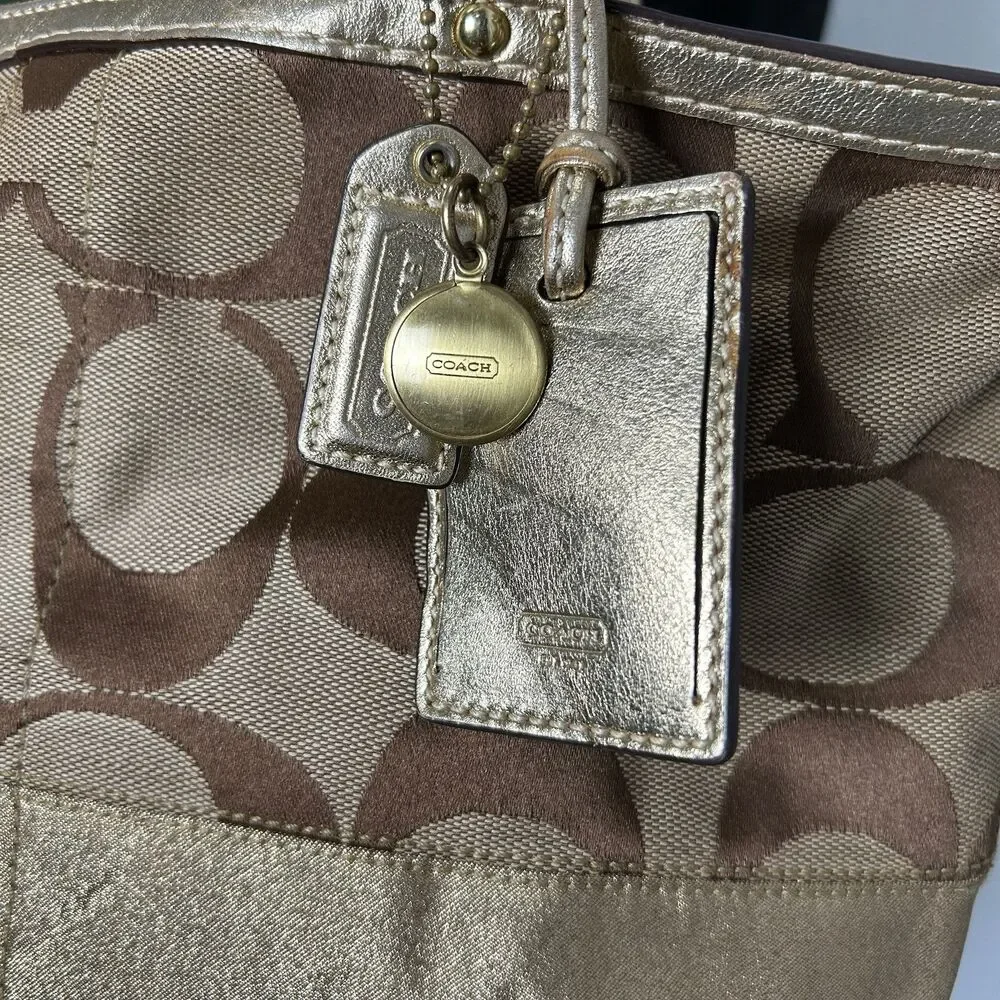 Coach Signature Stripe Tote Khaki Gold Canvas Shoulder bag